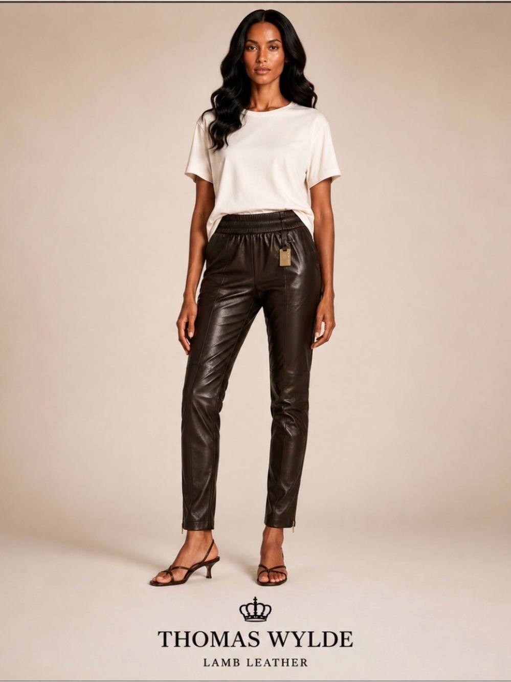 Thomas Wylde Brown Lamb Leather Moto Biker Pants Elastic Waist Designer Sz S